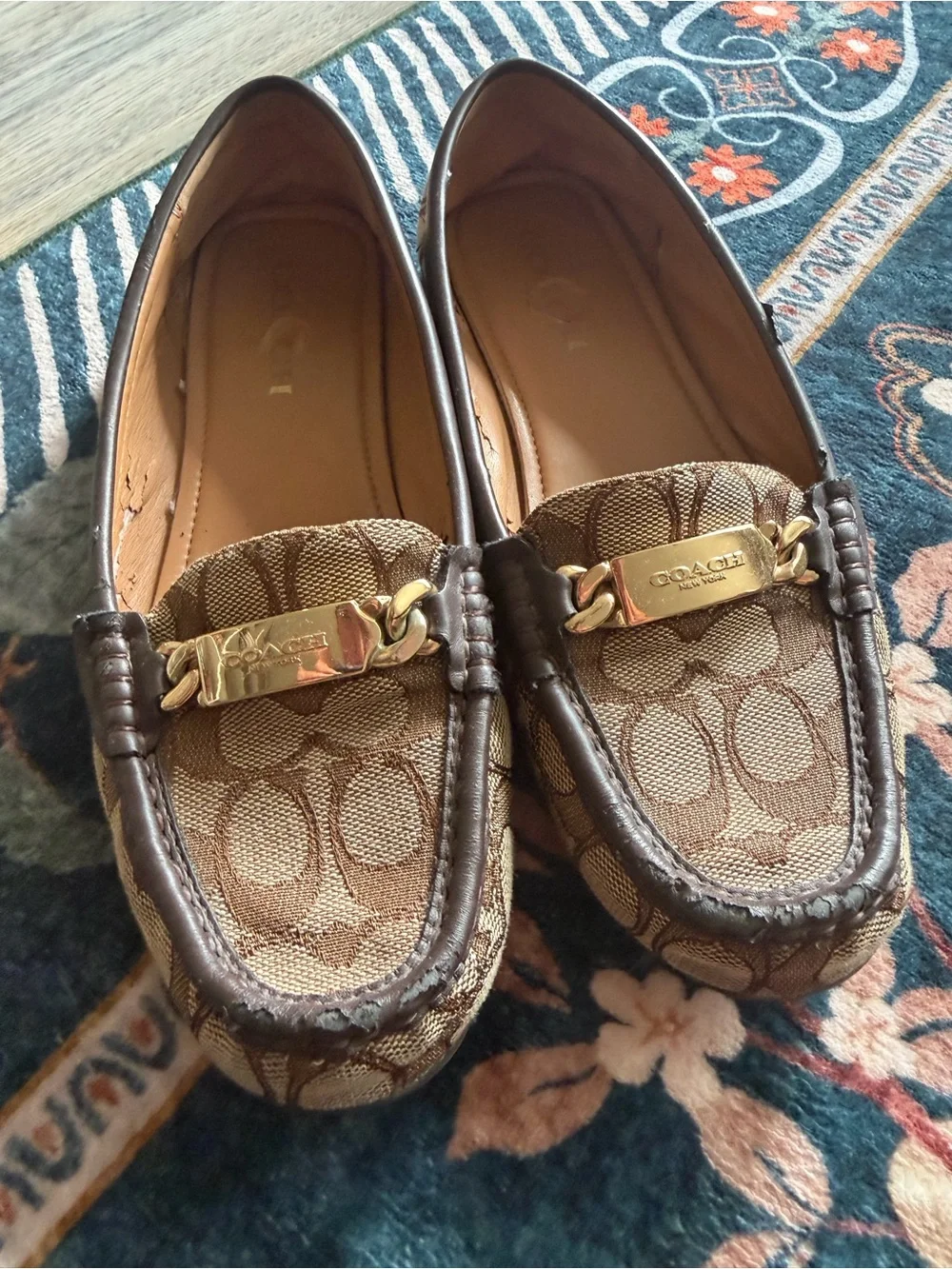 Coach Brown Signature Canvas and Dark Brown Leather Loafers with Gold Hardware